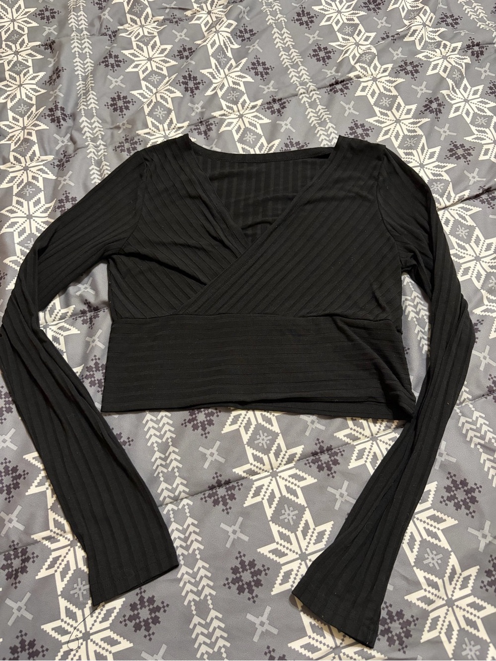 SHEIN Black Ribbed Wrap-Front Long Sleeve Cropped Top